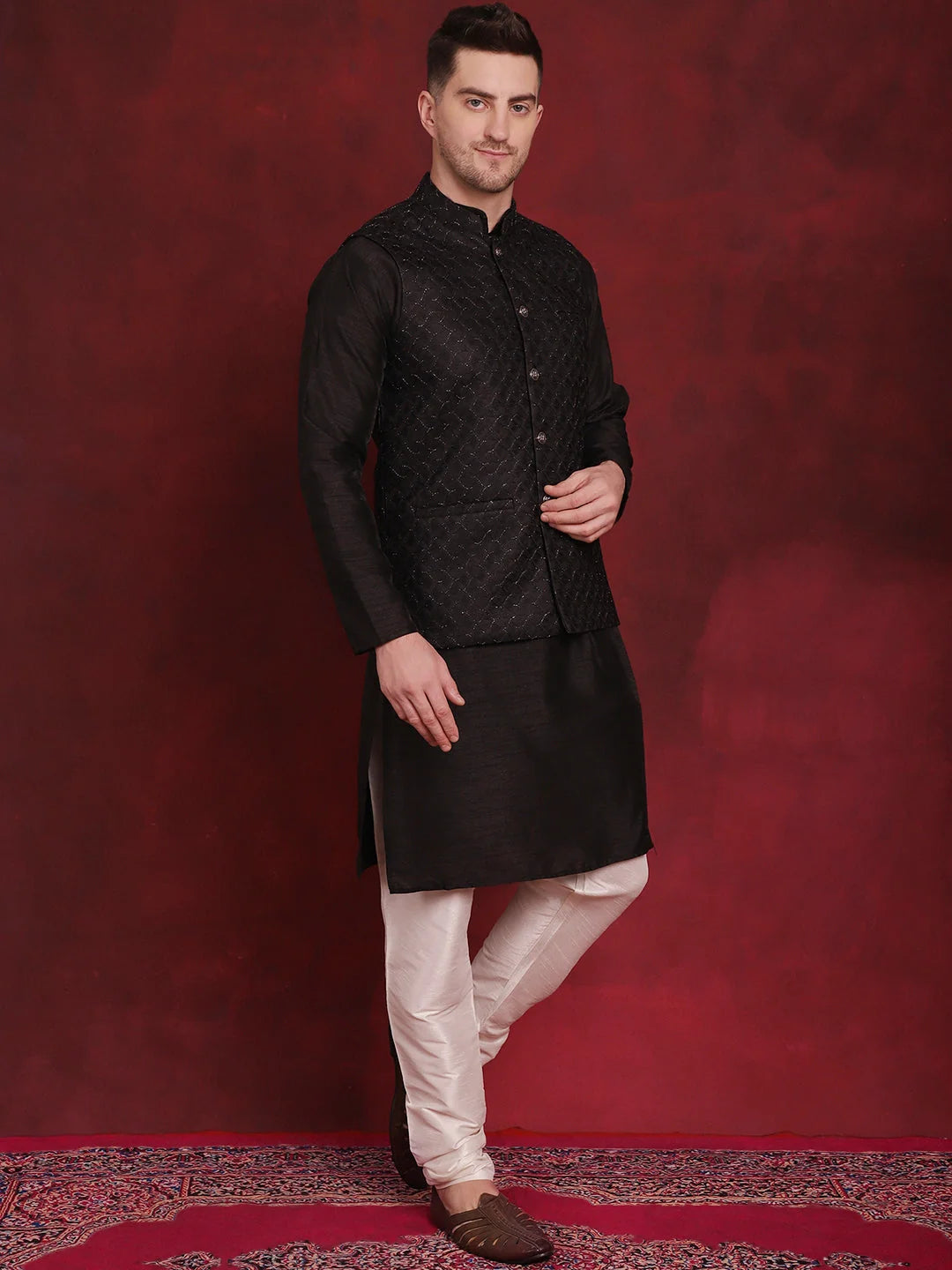 Black Woven Nehru Jacket Kurta Pajama Set | Mens Kurta Pajama
