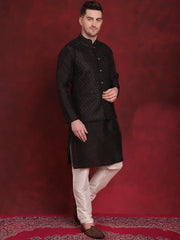 Black Woven Design Nehru Jacket With Kurta Pyjama Set ( JOKPWC 636B 4091Black )