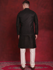 Black Woven Design Nehru Jacket With Kurta Pyjama Set ( JOKPWC 636B 4091Black )