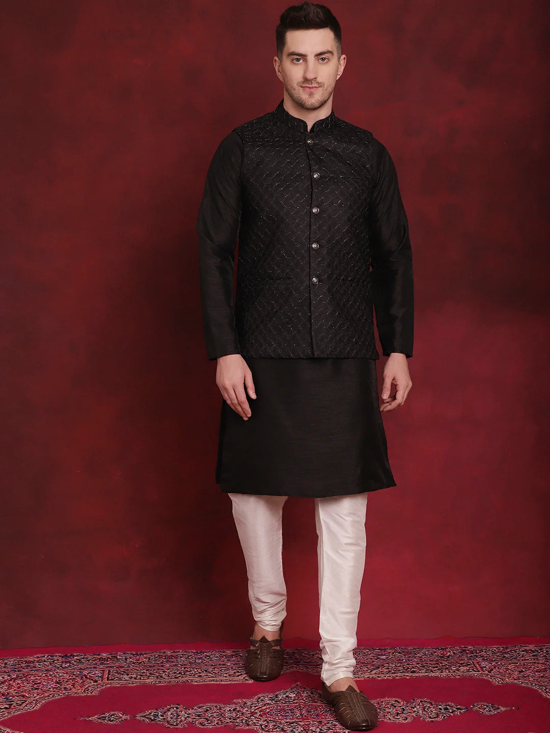 Black Woven Nehru Jacket Kurta Pajama Set | Mens Kurta Pajama