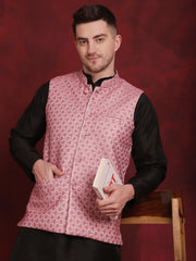 Coral Woven Design Nehru Jacket With Kurta Pyjama Set ( JOKPWC 636B 4091Coral )