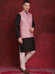 Coral Woven Design Nehru Jacket With Kurta Pyjama Set ( JOKPWC 636B 4091Coral )
