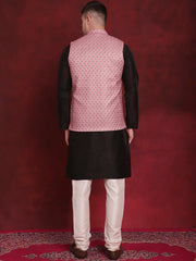 Coral Woven Design Nehru Jacket With Kurta Pyjama Set ( JOKPWC 636B 4091Coral )