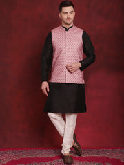 Coral Woven Design Nehru Jacket With Kurta Pyjama Set ( JOKPWC 636B 4091Coral )