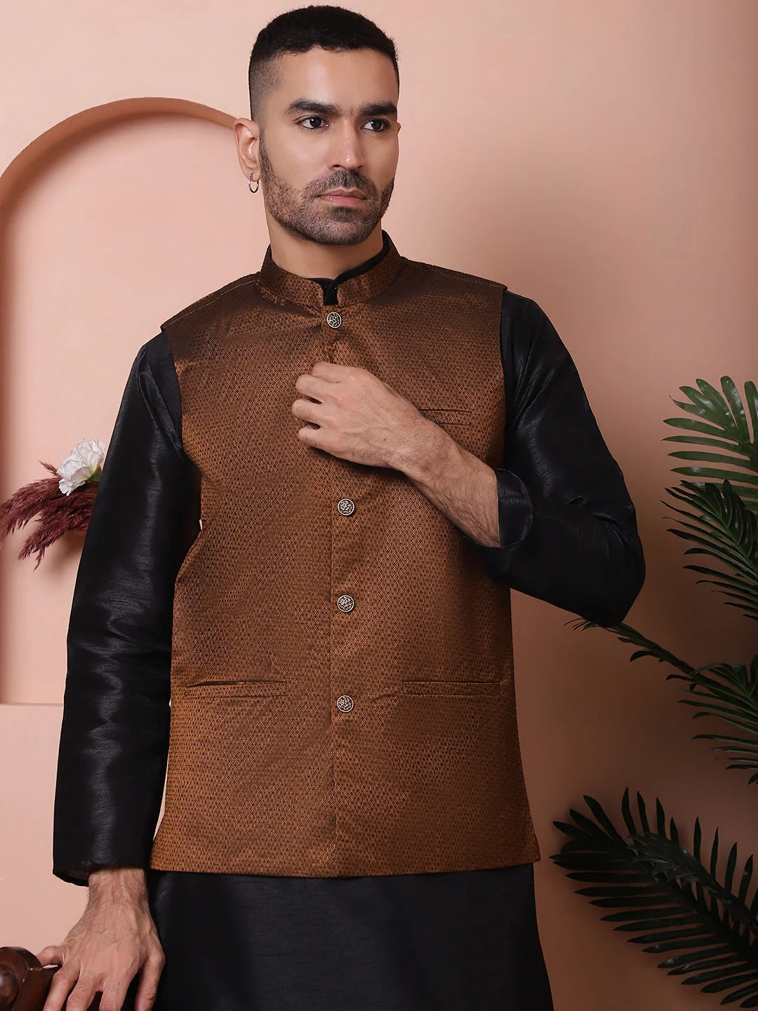 Golden Nehru Jacket Kurta Pajama Set - Mens Kurta Pajama Set