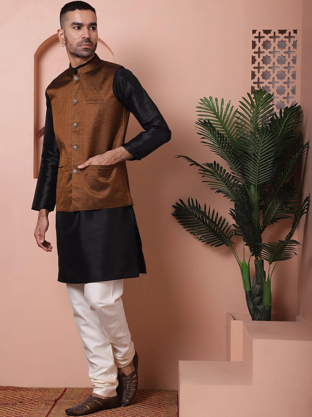 Golden Nehru Jacket Kurta Pajama Set - Mens Kurta Pajama Set