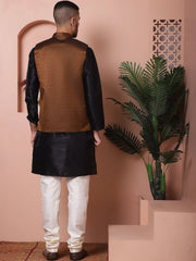Men's Golden Woven Design Nehru Jacket With Solid Kurta Pyjama-JOKPWC-636B
