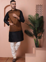 Men's Golden Woven Design Nehru Jacket With Solid Kurta Pyjama-JOKPWC-636B
