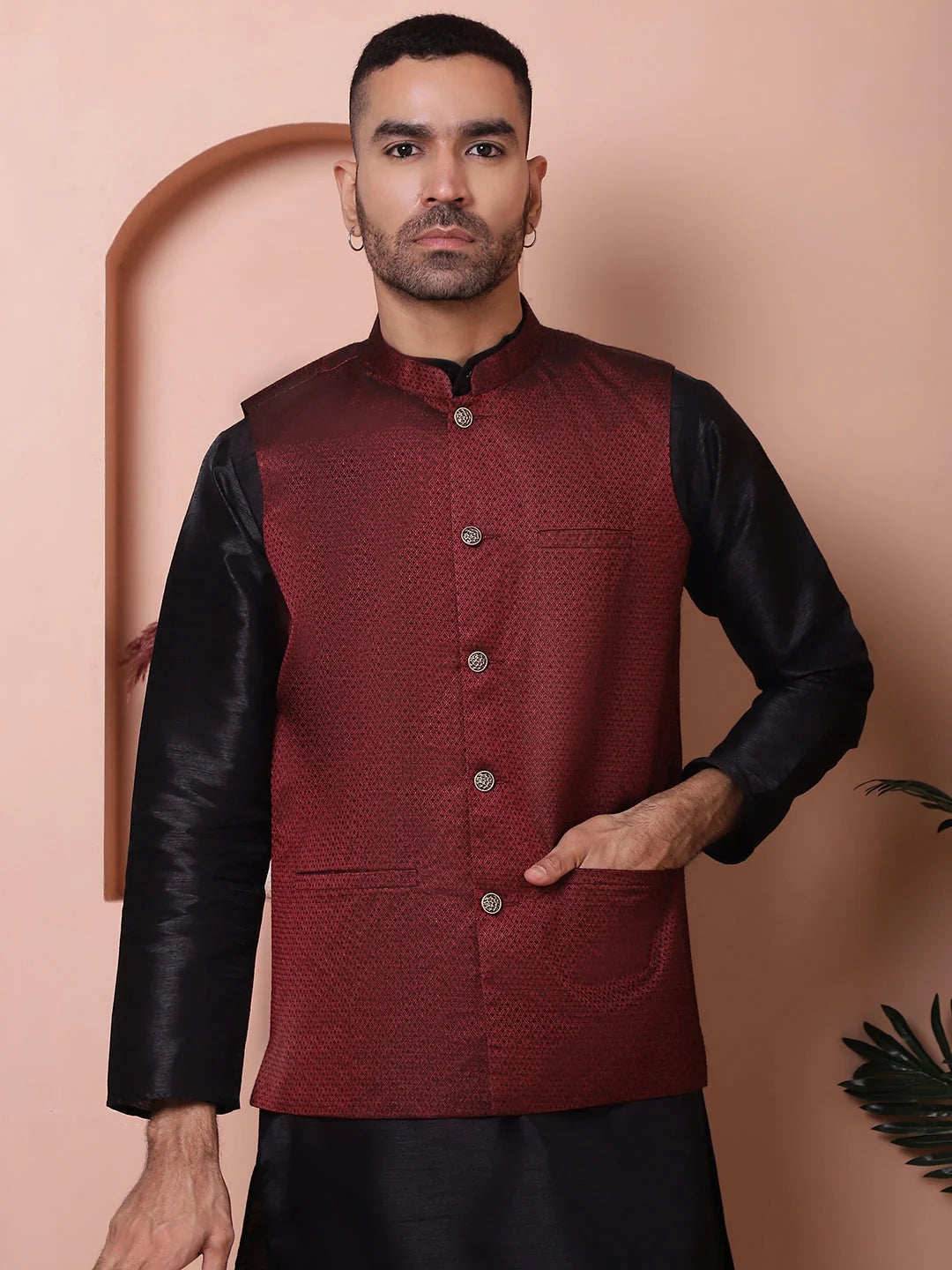 Maroon Nehru Jacket Kurta Pajama Set - Mens Kurta Pajama Set