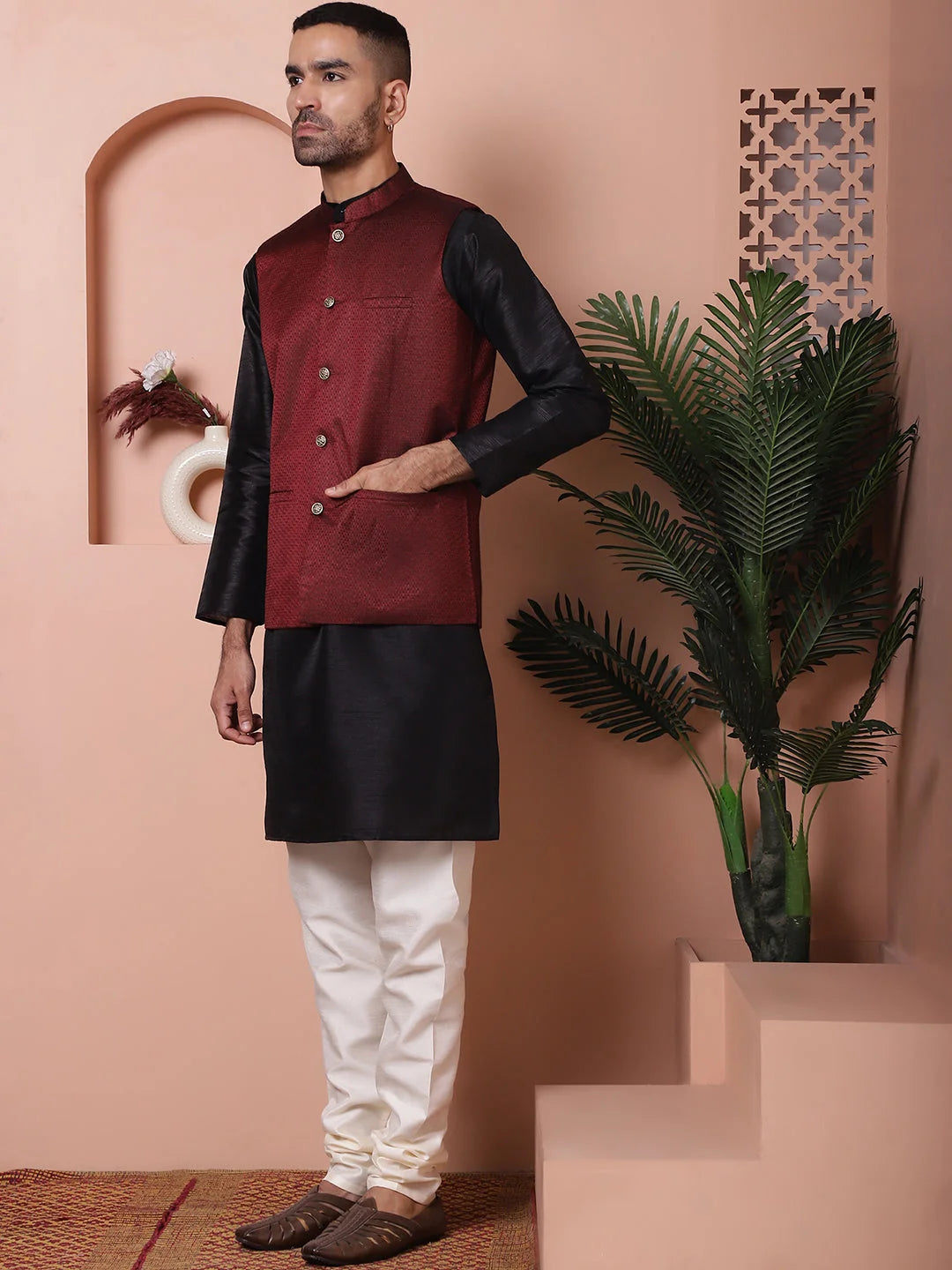 Maroon Nehru Jacket Kurta Pajama Set - Mens Kurta Pajama Set