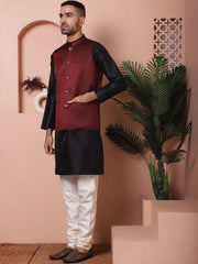 Men's Maroon Woven Design Nehru Jacket With Solid Kurta Pyjama-JOKPWC-636B