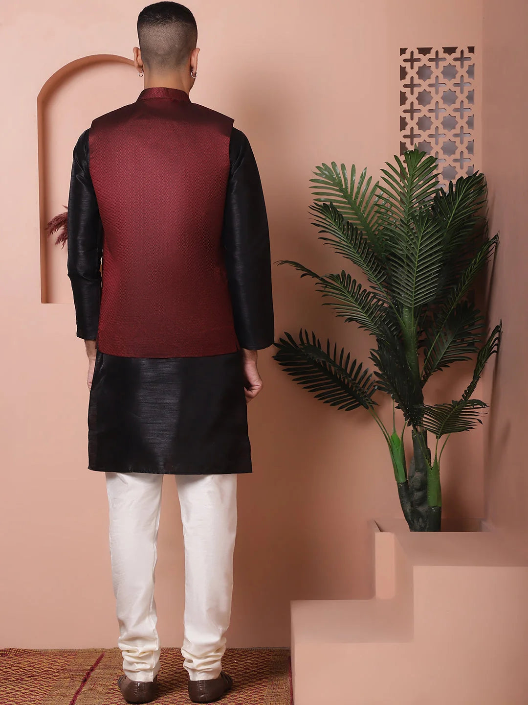 Maroon Nehru Jacket Kurta Pajama Set - Mens Kurta Pajama Set