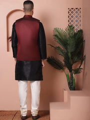 Men's Maroon Woven Design Nehru Jacket With Solid Kurta Pyjama-JOKPWC-636B