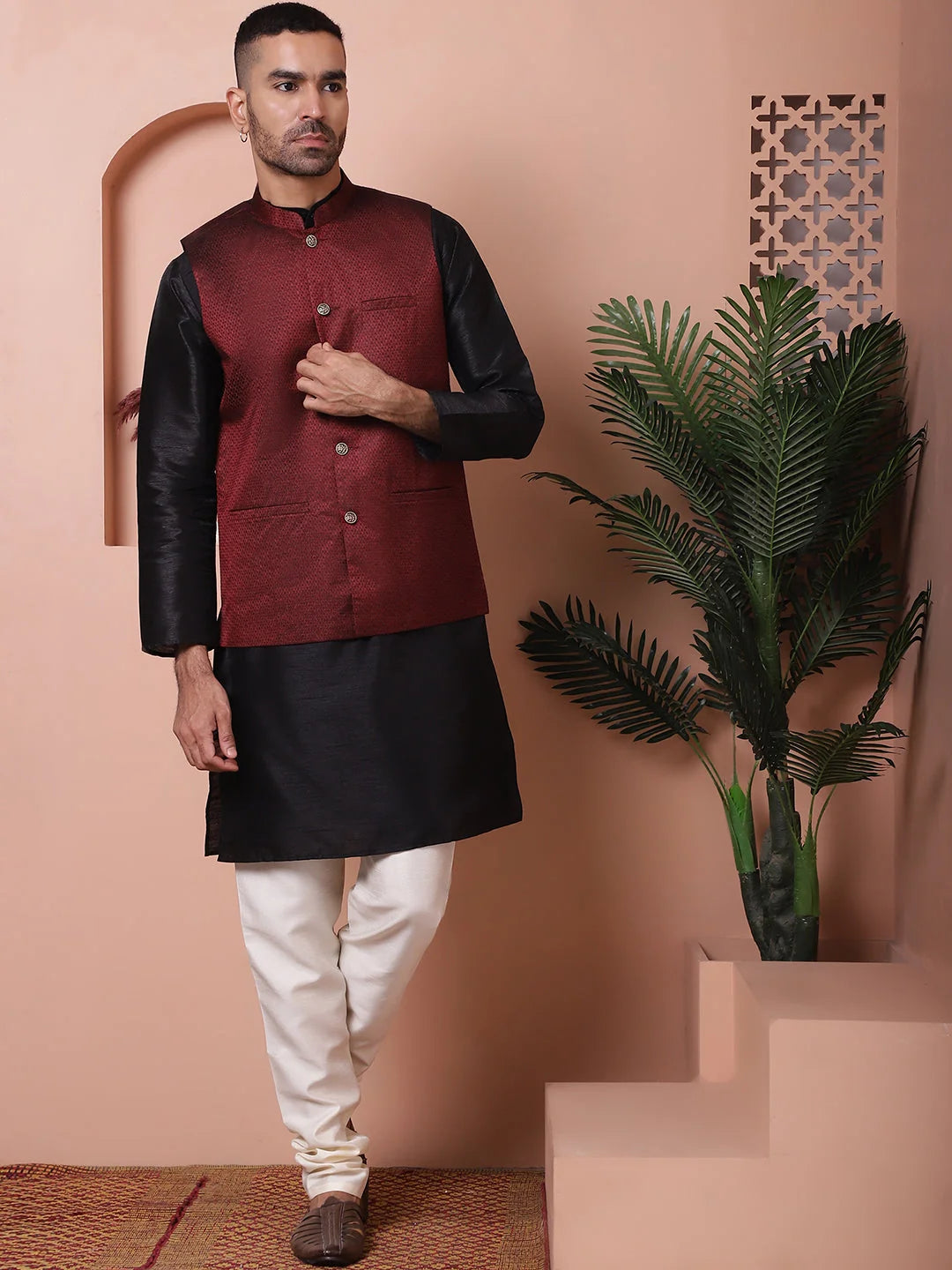 Maroon Nehru Jacket Kurta Pajama Set - Mens Kurta Pajama Set