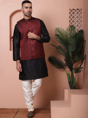 Men's Maroon Woven Design Nehru Jacket With Solid Kurta Pyjama-JOKPWC-636B