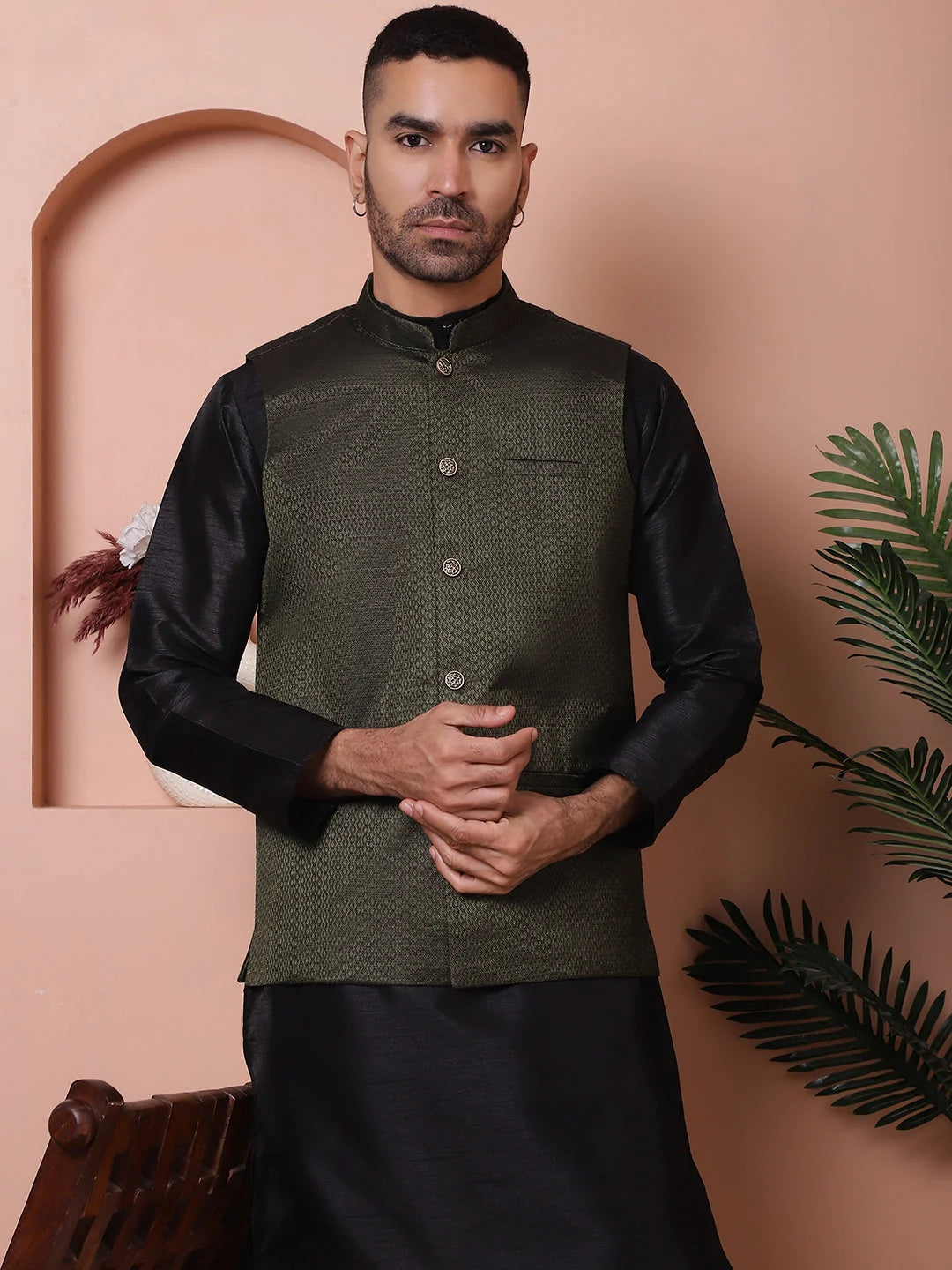 Men's Olive Green Woven Design Nehru Jacket With Solid Kurta Pyjama-JOKPWC-636B