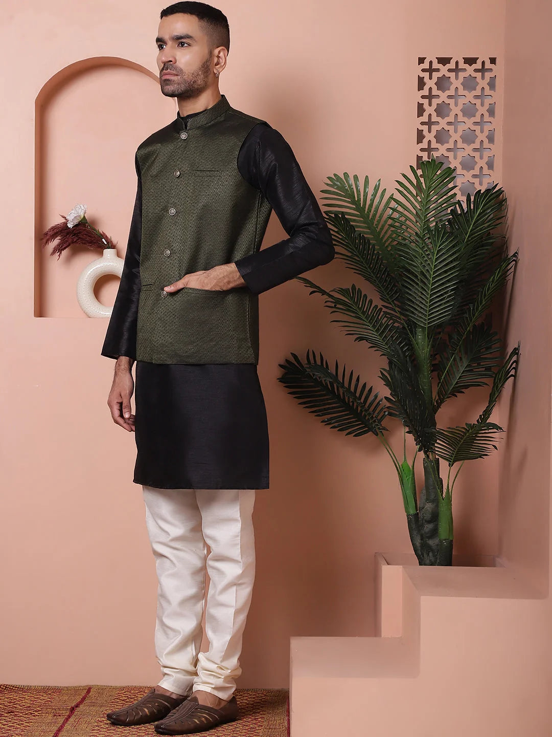 Olive Green Nehru Jacket Kurta Pajama Set - Mens Kurta Pajama