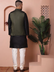 Men's Olive Green Woven Design Nehru Jacket With Solid Kurta Pyjama-JOKPWC-636B
