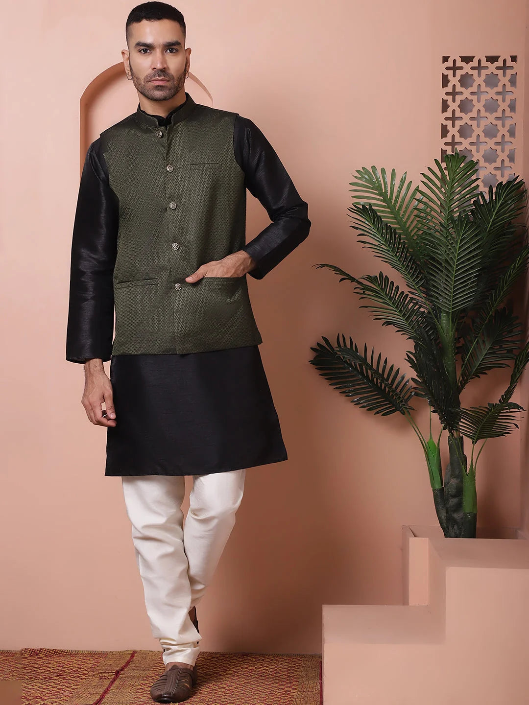 Olive Green Nehru Jacket Kurta Pajama Set - Mens Kurta Pajama