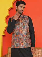 Sequins & Printed Nehru Jacket With Solid Kurta Pyjama Set ( JOKPWC 636B 4132 Orange )