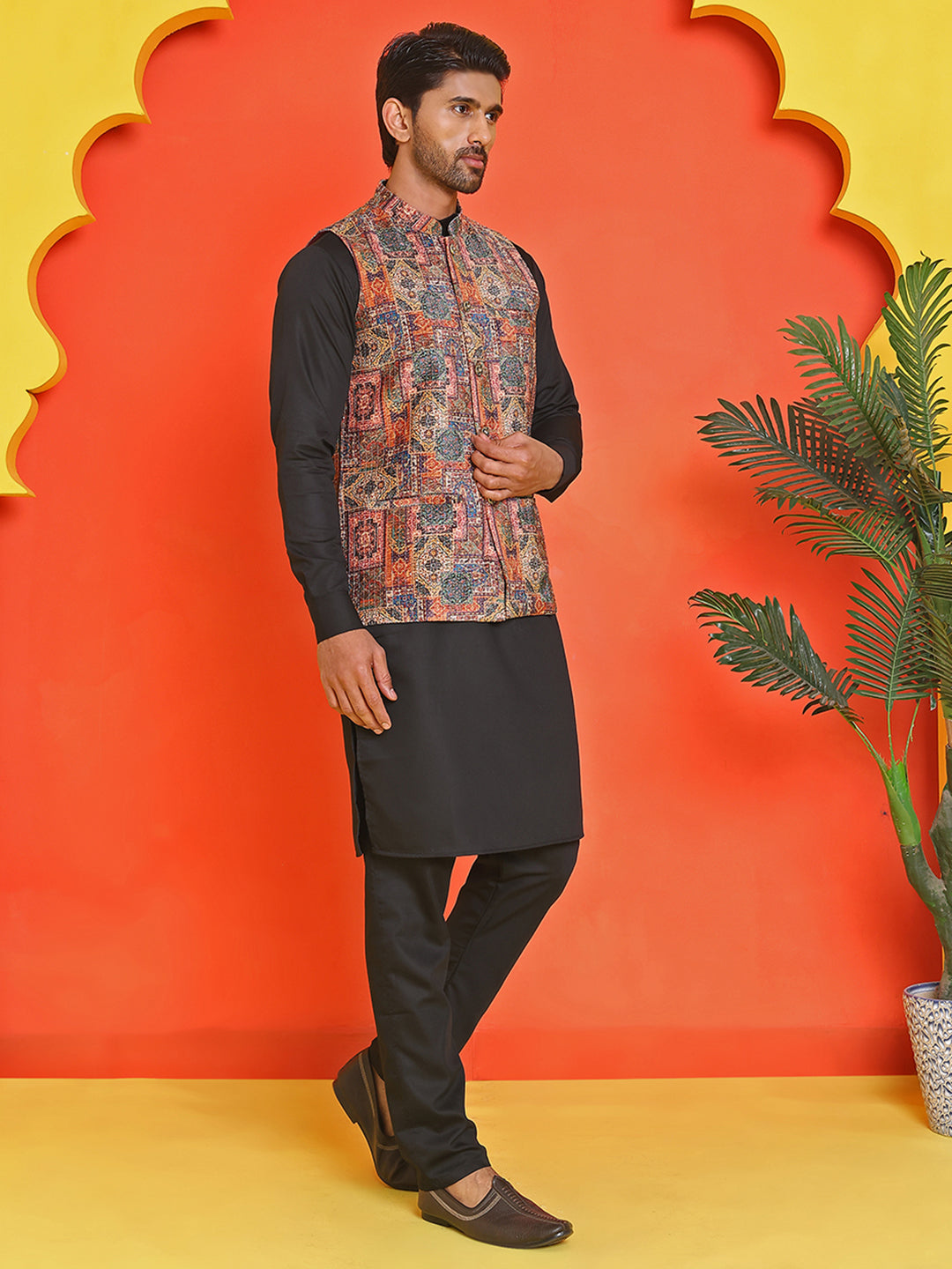 DesiQlo Men Printed Nehru Jacket and Kurta Pyjama Set - - JOKPWC_636B_