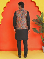Sequins & Printed Nehru Jacket With Solid Kurta Pyjama Set ( JOKPWC 636B 4132 Orange )