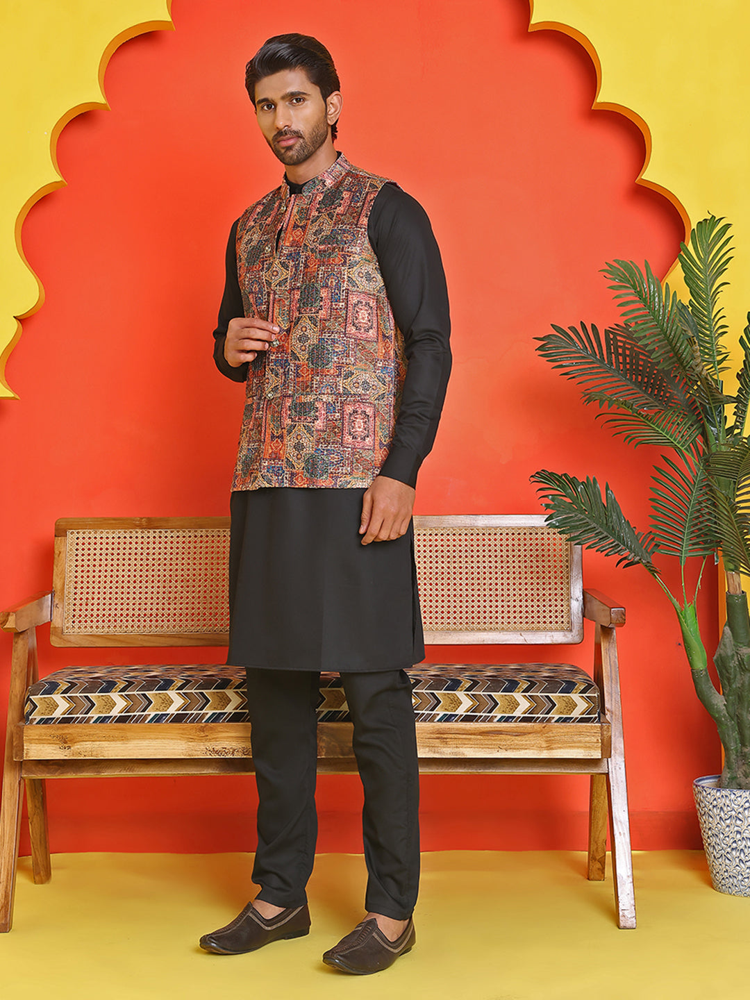 DesiQlo Men Printed Nehru Jacket and Kurta Pyjama Set - - JOKPWC_636B_