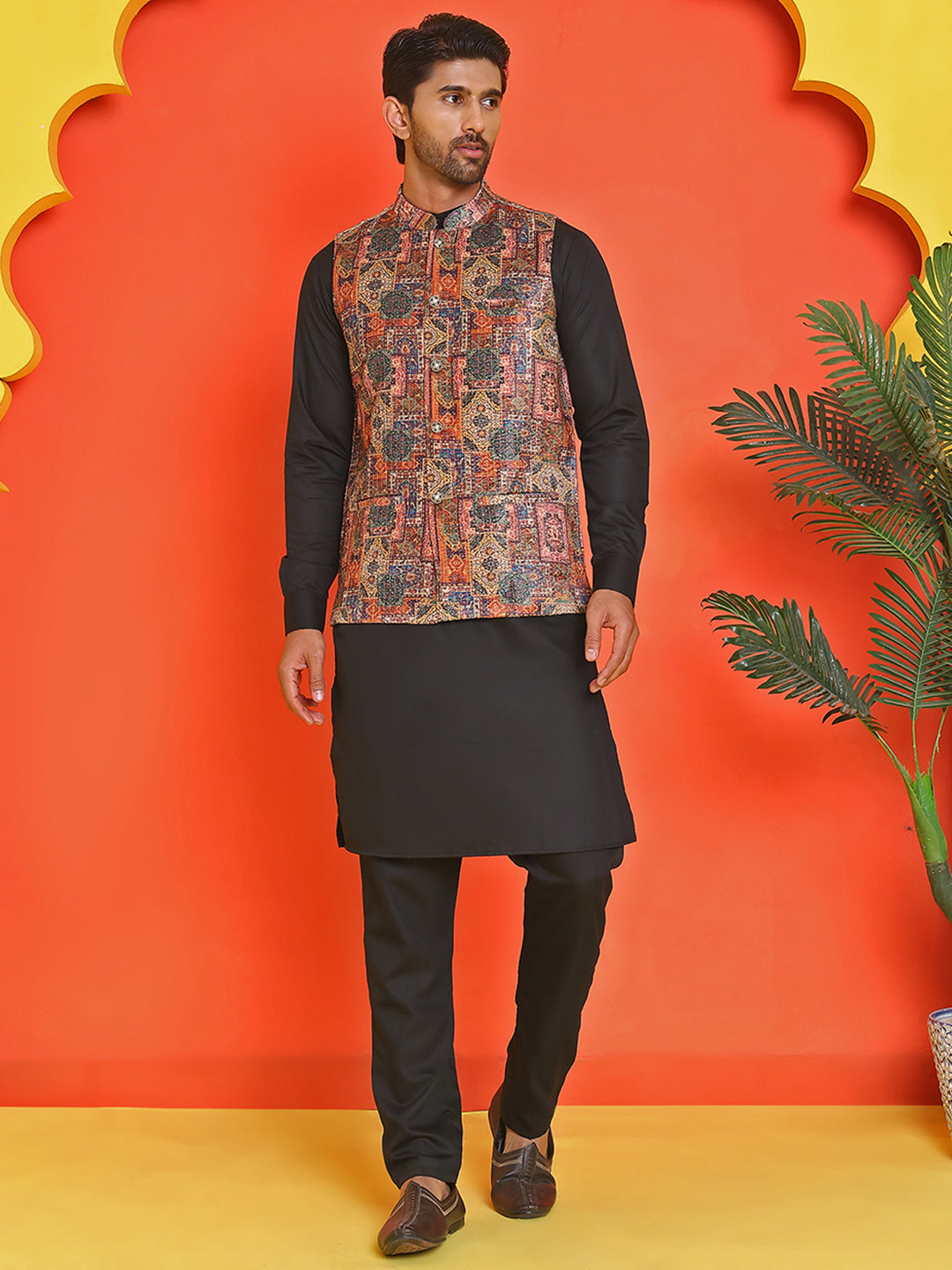 DesiQlo Men Printed Nehru Jacket and Kurta Pyjama Set - - JOKPWC_636B_