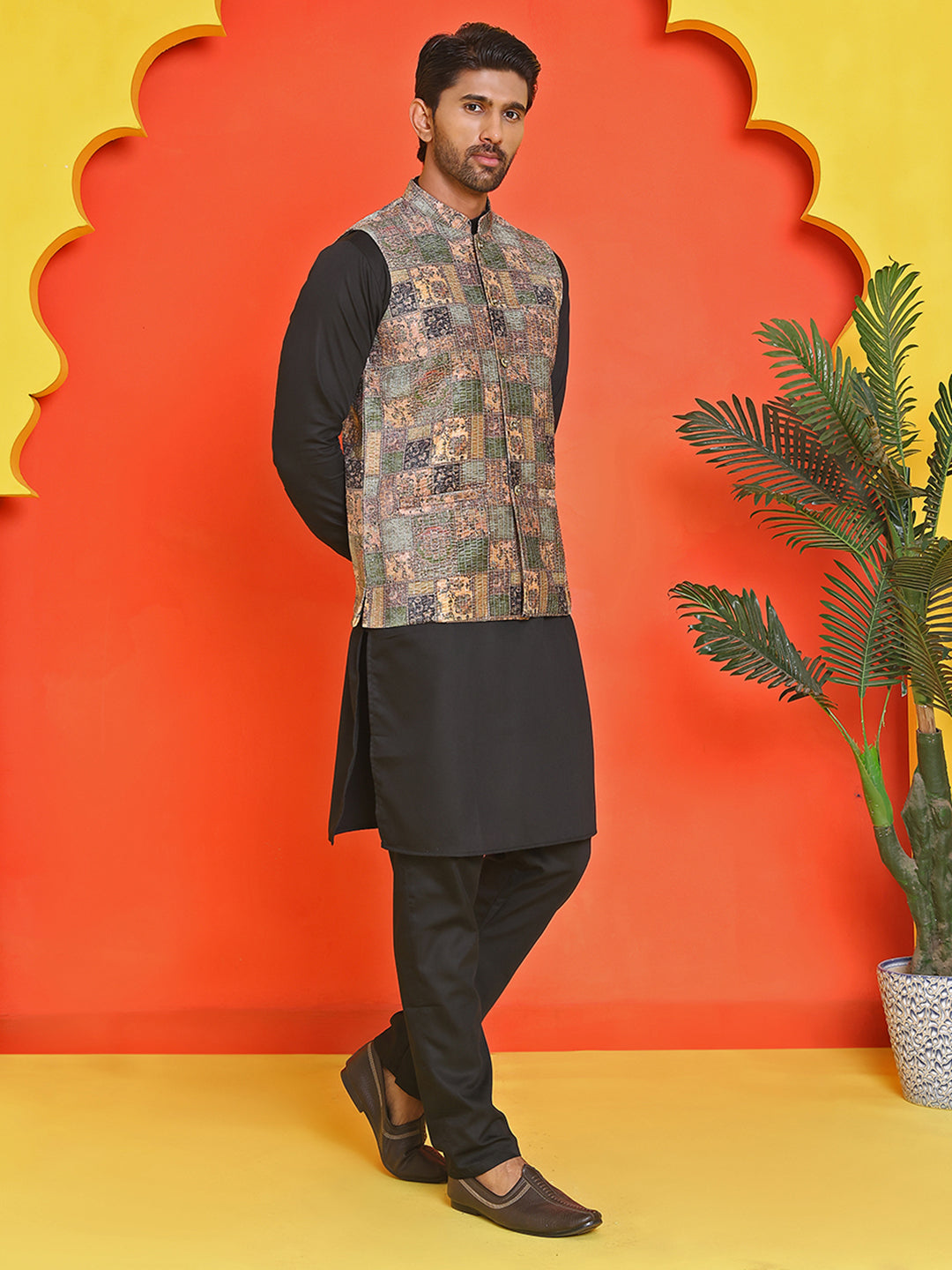 DesiQlo Men Printed Nehru Jacket and Kurta Pyjama Set - - JO 2peach