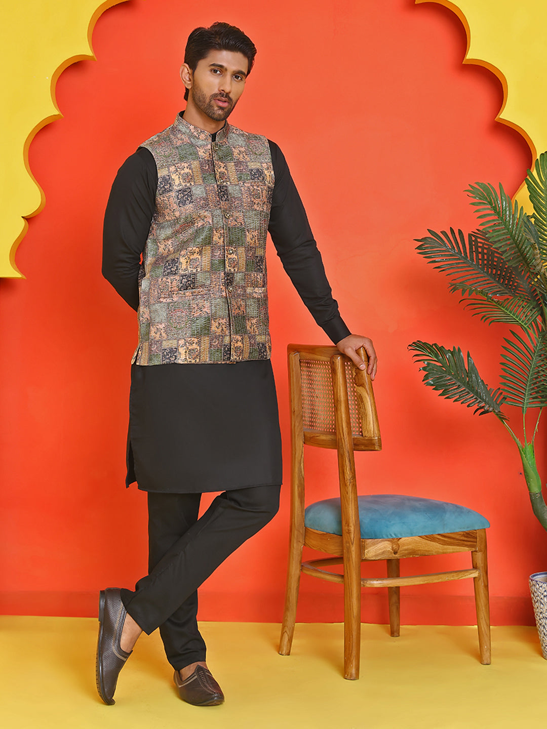 DesiQlo Men Printed Nehru Jacket and Kurta Pyjama Set - - JO 2peach