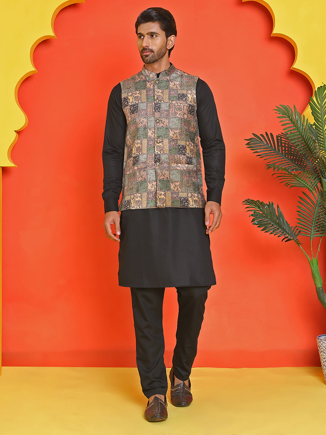 DesiQlo Men Printed Nehru Jacket and Kurta Pyjama Set - - JO 2peach