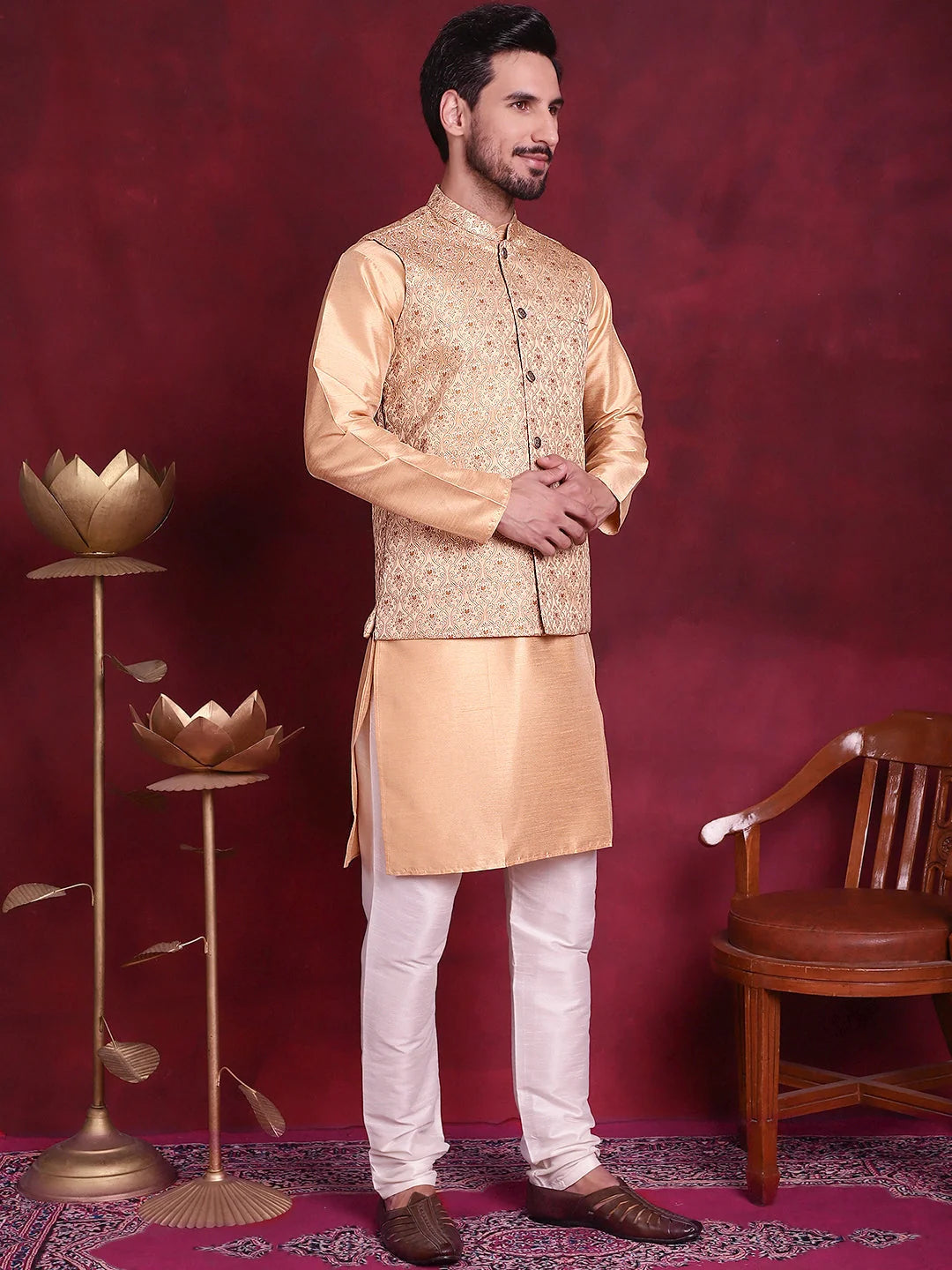 Cream Kurta Pajama Set with Nehru Jacket | Mens Ethnic Wear