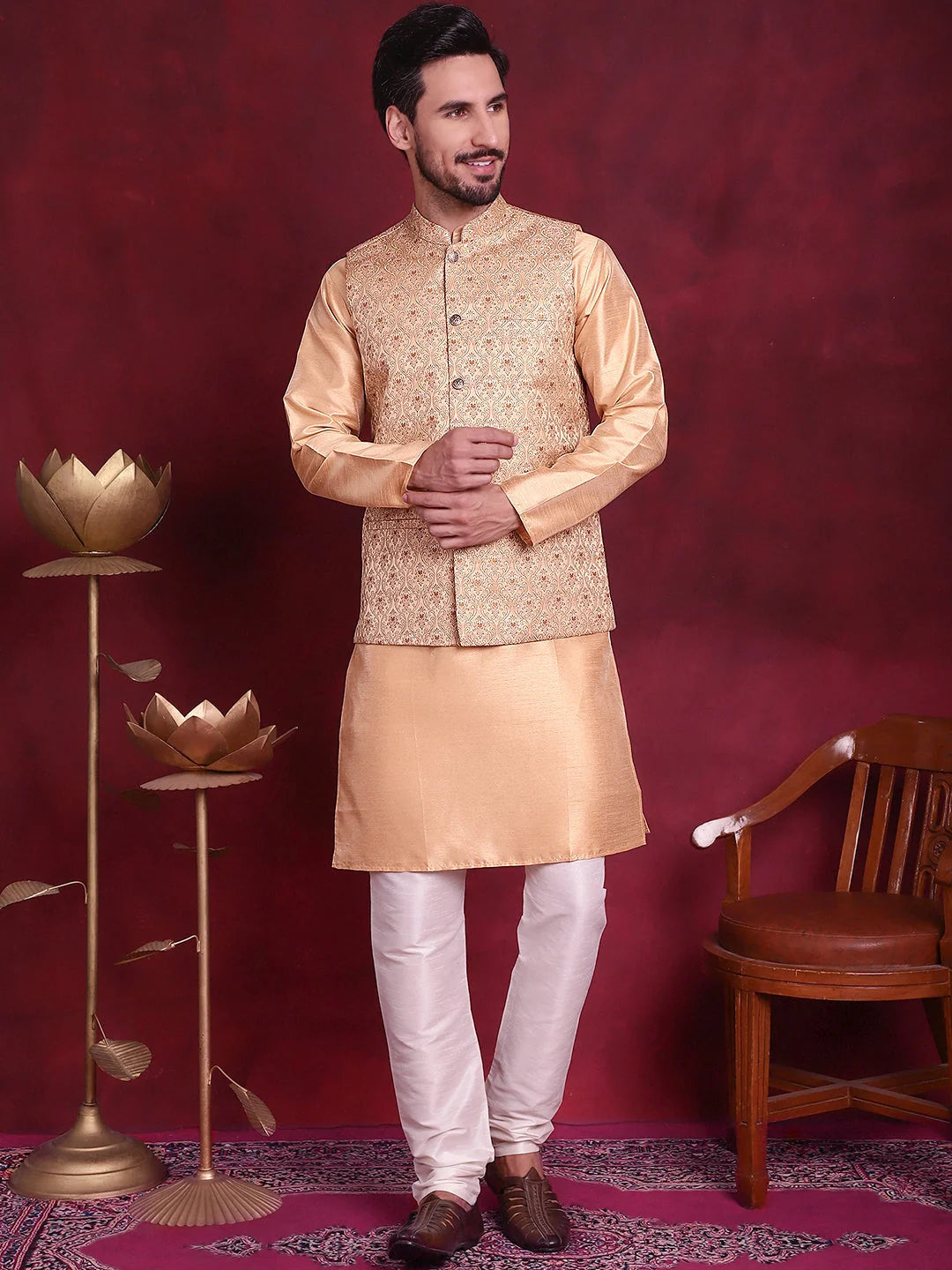 Cream Kurta Pajama Set with Nehru Jacket | Mens Ethnic Wear