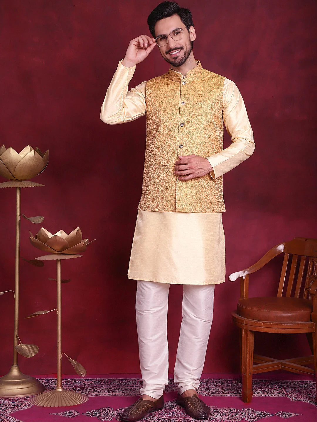 Mustard Kurta Pajama Set with Nehru Jacket | Mens Ethnic Wear