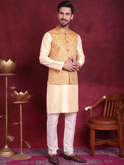 Woven Design Nehru Jacket With Kurta Pyjama Set ( JOKPWC 636G 4089 Mustard )