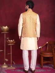 Woven Design Nehru Jacket With Kurta Pyjama Set ( JOKPWC 636G 4089 Mustard )