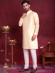Woven Design Nehru Jacket With Kurta Pyjama Set ( JOKPWC 636G 4089 Mustard )