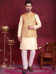 Woven Design Nehru Jacket With Kurta Pyjama Set ( JOKPWC 636G 4089 Mustard )