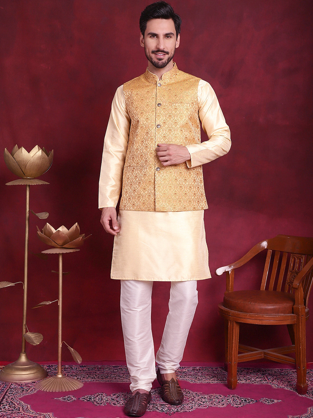 Mustard Kurta Pajama Set with Nehru Jacket | Mens Ethnic Wear