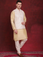 White Woven Design Nehru Jacket With Kurta Pyjama Set ( JOKPWC 636G 4091White )