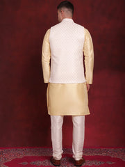 White Woven Design Nehru Jacket With Kurta Pyjama Set ( JOKPWC 636G 4091White )