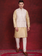 White Woven Design Nehru Jacket With Kurta Pyjama Set ( JOKPWC 636G 4091White )