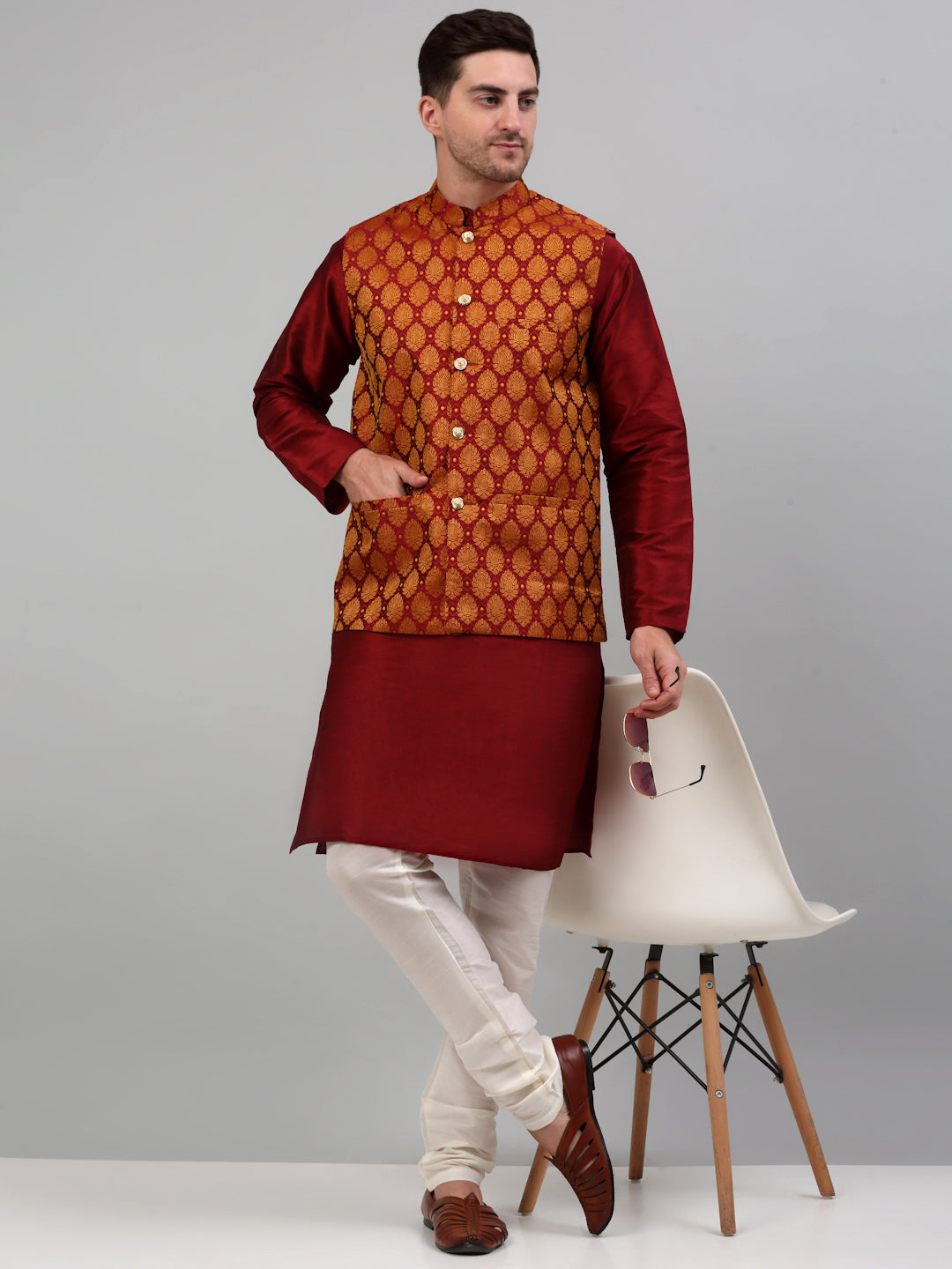 Men's Woven Design Nehru Jacket and Kurta Pyjama Set-636M