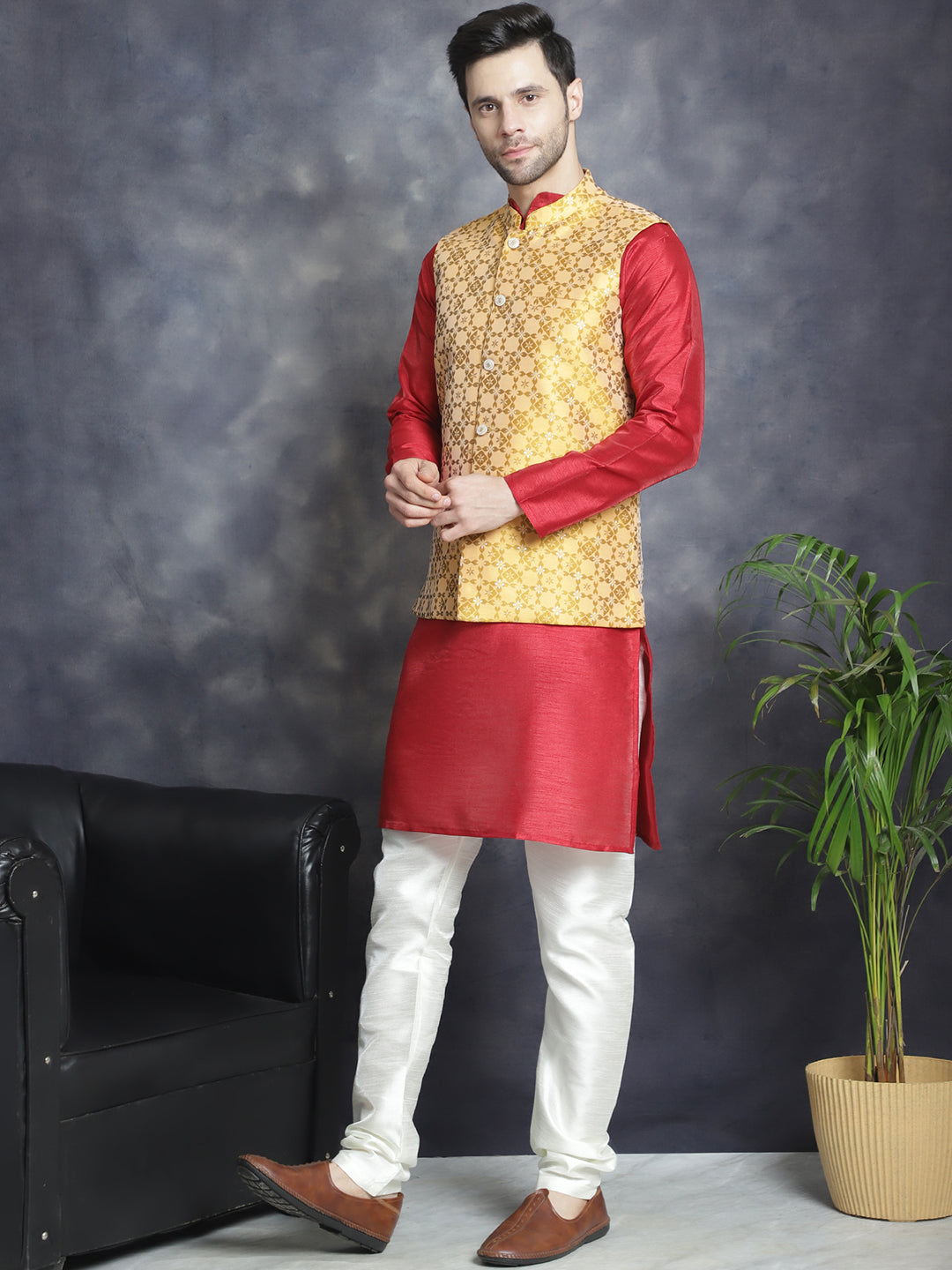 DesiQlo Men Woven Design Nehru Jacket and Kurta Pyjama  - JOKPWC_636M_