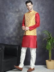 Men's Woven Design Nehru Jacket With Kurta Pyjama Set ( JOKPWC 636M 4083Mustard )