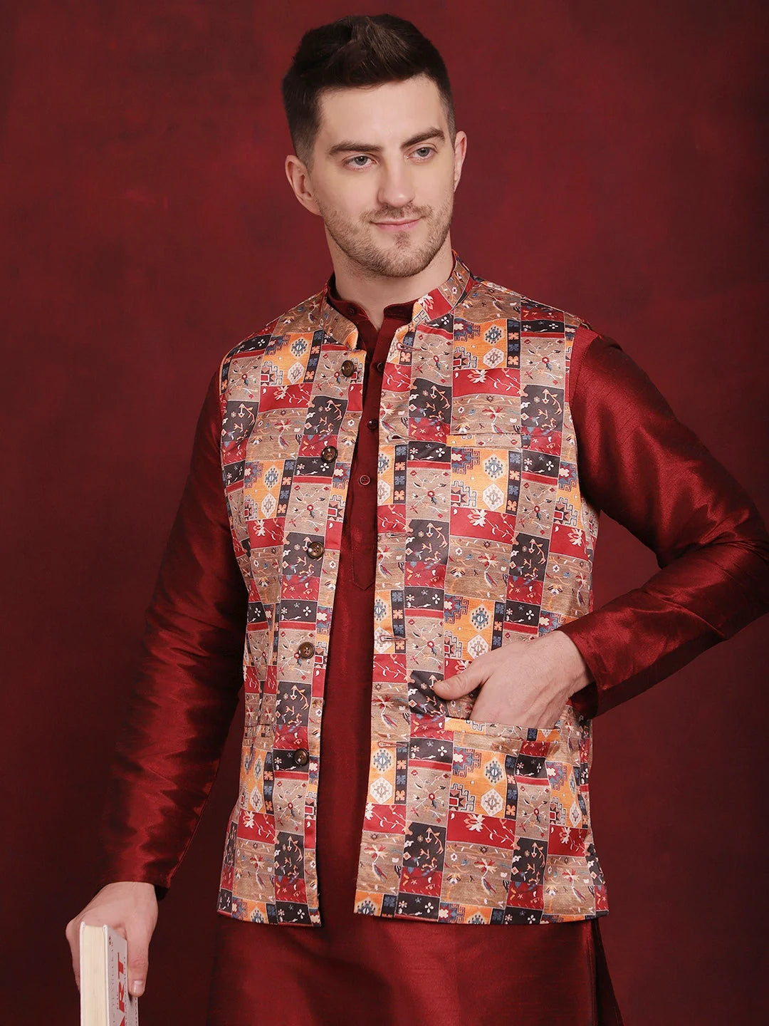 Stylish Multi Printed Nehru Jacket with Kurta Pajama Set | Ethnic Wear