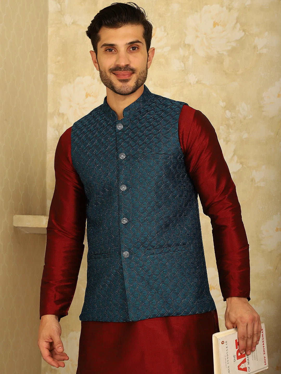 Blue Woven Nehru Jacket Kurta Pajama Set | Mens Kurta Pajama