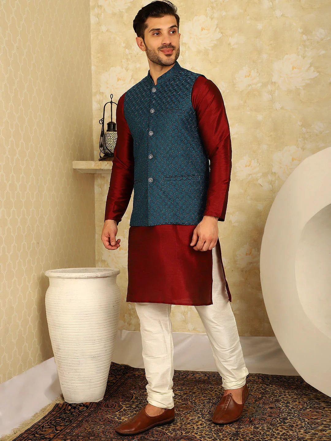 Blue Woven Nehru Jacket Kurta Pajama Set | Mens Kurta Pajama