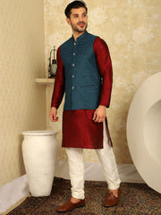 Blue Woven Design Nehru Jacket With Kurta Pyjama Set ( JOKPWC 636M 4091Peacock )