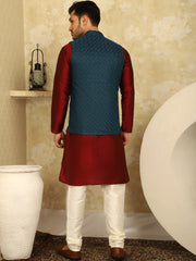 Blue Woven Design Nehru Jacket With Kurta Pyjama Set ( JOKPWC 636M 4091Peacock )